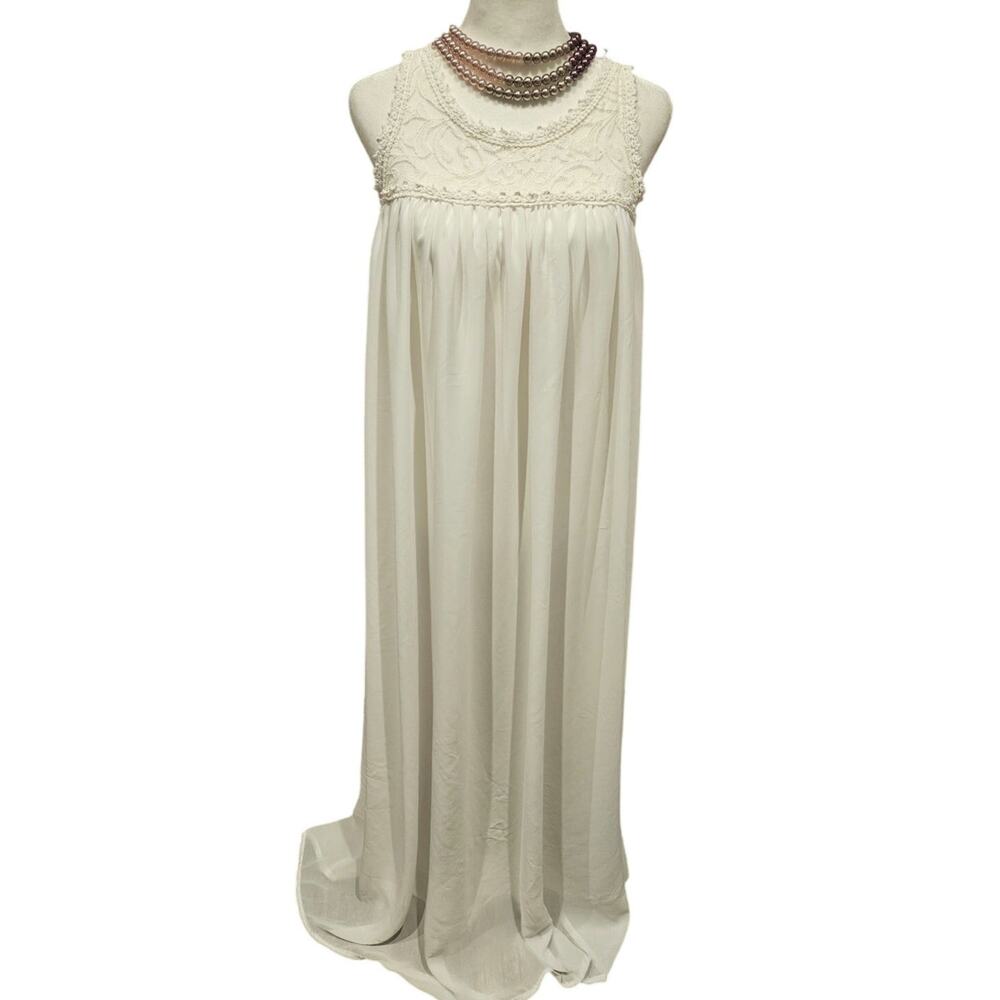 Vintage maxi slip dress nightgown medium ivory white lined coquette cottage